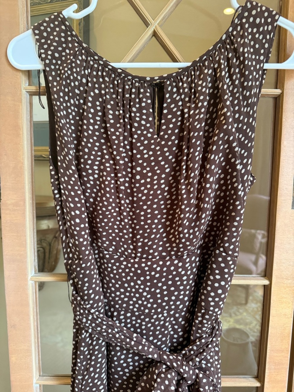 Sleeveless Brown Polka Dot Tie-Waist Maxi Dress - Picture 4 of 9